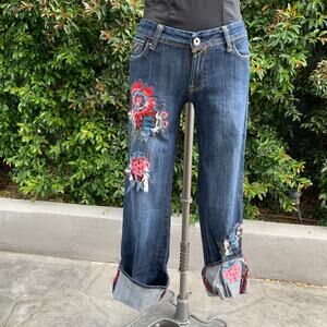 Yank Floral Embroidered Low Rise Cuffed Boho Hippie Jeans Women’s 27